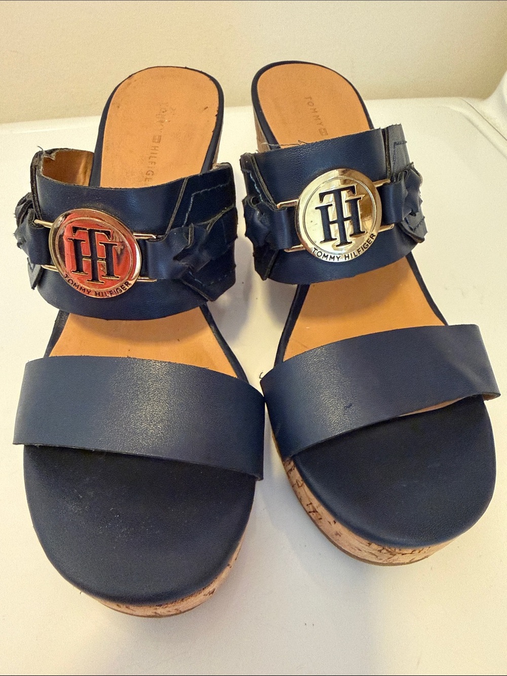 Tommy Hilfiger Navy Leather Cork-Platform Slide Mules with Signature Emblems 6.5